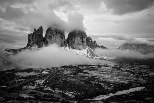 Fototapeta Monochrome photo of Tre Cime mountain