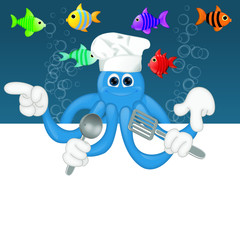 Funny squid octopus cook restaurant seafood ocean cartoon