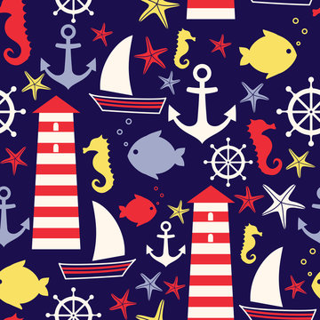 Seamless nautical pattern: sailboat, lighthouse, fish, anchor,