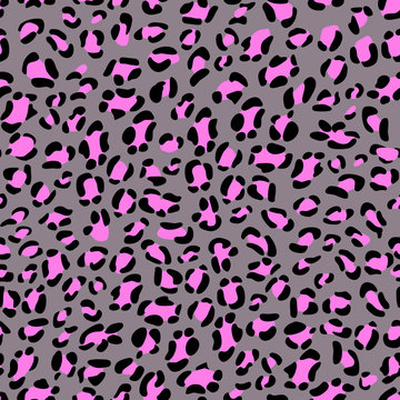 Seamless Leopard Texture. Pink And Grey Leopard Print. Animal Skin Background. Jaguar Spots Pattern.