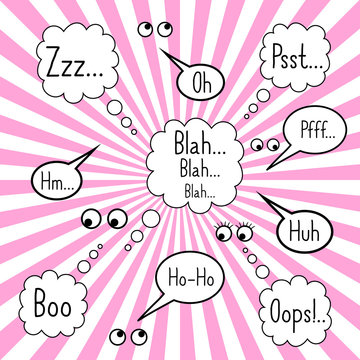 Set of comic speech bubbles with interjections on rays background . Vector illustration.