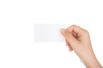 Obraz premium Women hand holding blank paper business card isolated on white b