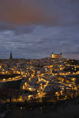 Night view of Toledo, with the "El Alcazar" castle.