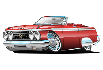 Classic American convertible cartoon isolated vector illustration, shiny red paint, lots of chrome