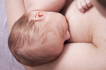 Top view of a newborn baby breastfeeding