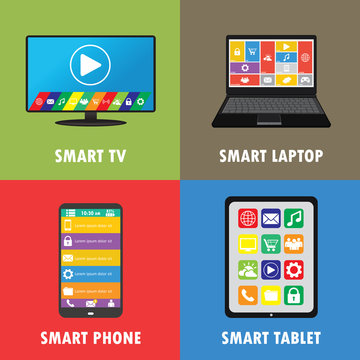 Smart device- smartphone, laptop, tablet, TV, flat design