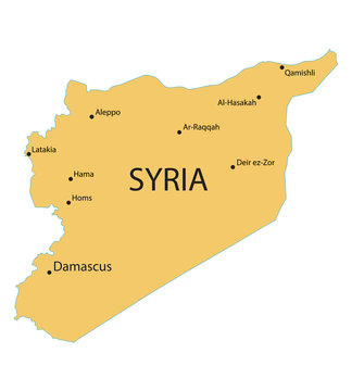yellow map of Syria with indication of largest cities