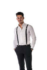 Handsome elegant young man with business suit, suspenders