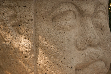 Olmec stone carving Colossal Head in La Venta park, Villahermosa, Tabasco, Mexico.