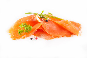smoked salmon isolated on white