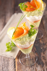 appetizer, avocado mousse, cream and salmon