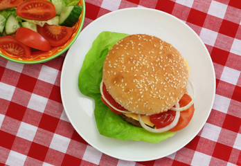 Cheeseburger with green salad on checkered cloth