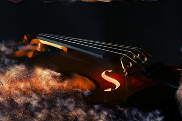 Elegant violin with smoke