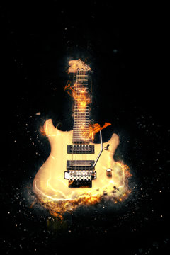 Electric Guitar on fire on Black Background