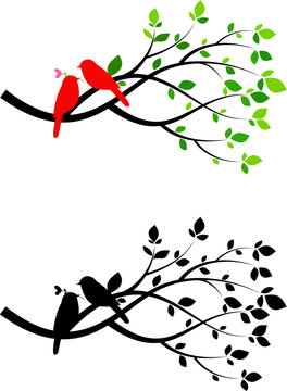 Illustration of tree silhouette with birds in love