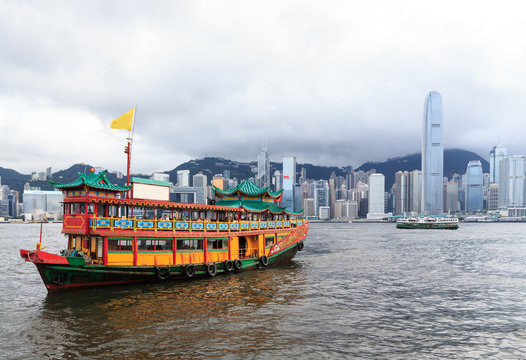 Traditional Chinese Junkboat sailing in Victoria Harbor