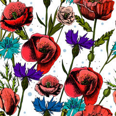 Seamless pattern with bright colorful flowers cornflowers and