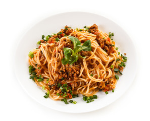 Pasta with meat, tomato sauce and vegetables