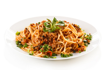 Pasta with meat, tomato sauce and vegetables