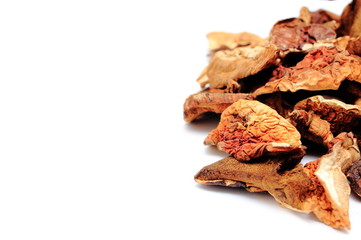 Heap of dried mushrooms with copy space for text