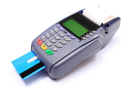 Payment Terminal With Credit Card On White Background