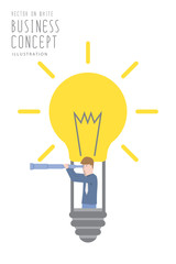 Businessman in a bulb balloon with telescope  flat vector.