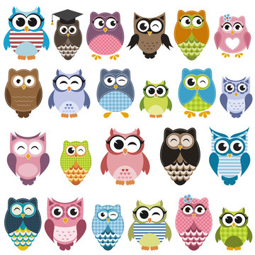 Set of cartoon owls with various emotions