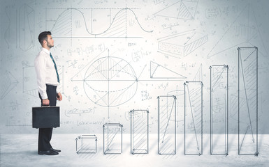 Business man climbing up on hand drawn graphs concept