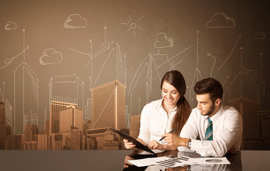 Business couple with buildings and measurements