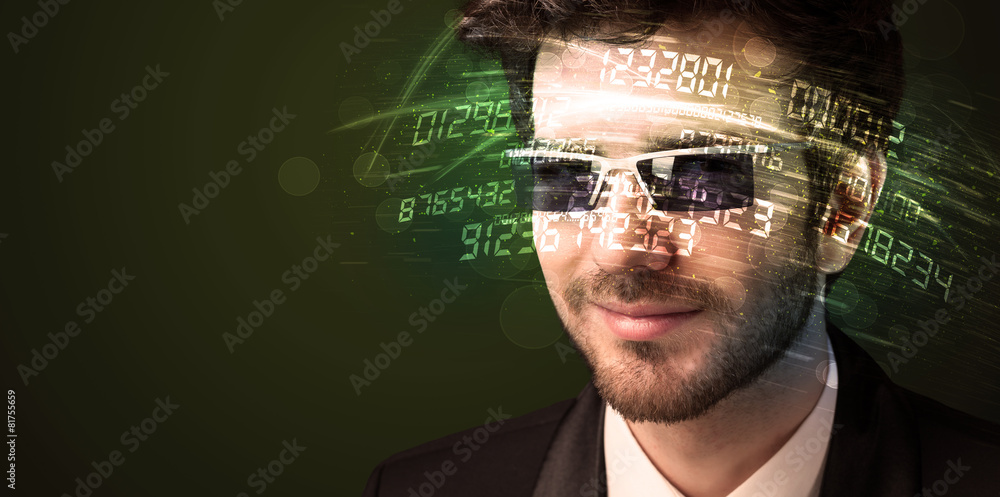 Poster business man looking at high tech number calculations