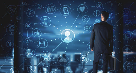 Businessman drawing social media connection scheme