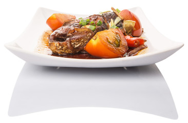Malaysian dish deep fried mackerel tuna fish with soy sauce