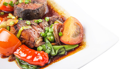 Malaysian dish deep fried mackerel tuna fish with soy sauce