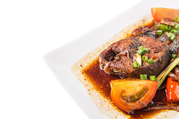 Malaysian dish deep fried mackerel tuna fish with soy sauce