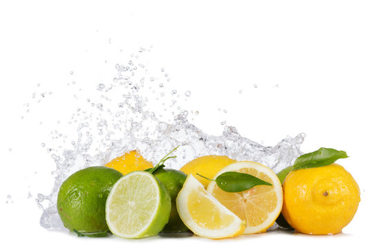 Lemons and limes with water splashes on white