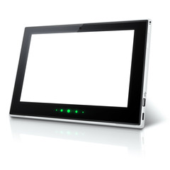 Ilustracja tabletu z białym wyświetlaczem i zielonymi diodami