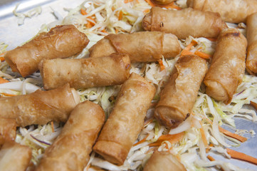 Spring rolls at an oriental restaurant buffet