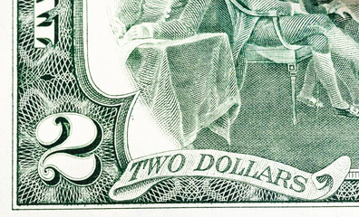 Close up of 2 dollar bill. Whole background.