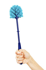 Woman hand with plastic blue toilet brush