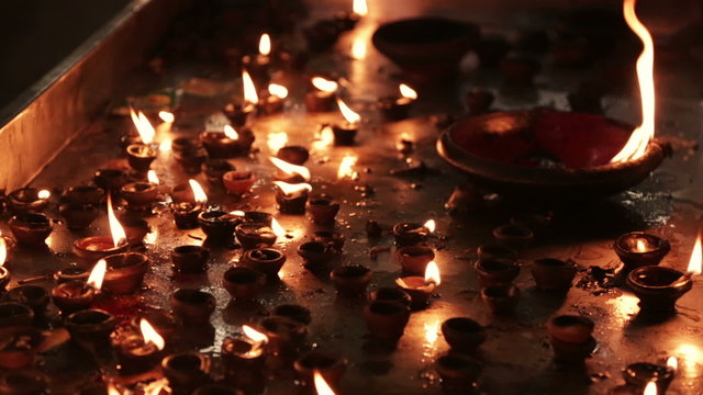 Burning candles in the Indian temple. Diwali - the festival of l