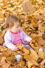  baby playing with autumn leaves