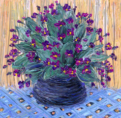 Still life oil. Delicate bouquet of violets in dark vase