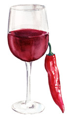 Glass of red wine with red hot chili pepper on white background