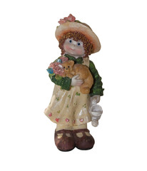 Porcelain figurine: Girl with watering can and a dog. Isolated o