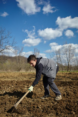 Teenager boy with a hoe sowing potatoes
