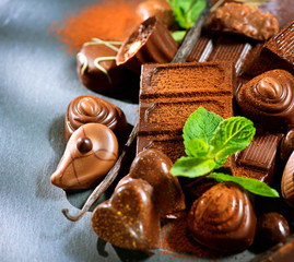Chocolates assortment. Praline chocolate sweets