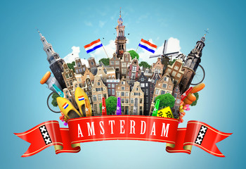 Amsterdam collage, cheese and Dutch houses with Souvenirs - obrazy, fototapety, plakaty