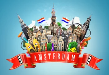 Photo sur Plexiglas Amsterdam Amsterdam collage, cheese and Dutch houses with Souvenirs