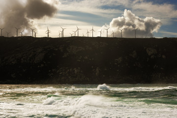 wind turbines farm by the sea in Galicia, Spain
