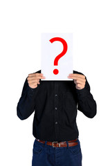 man hiding behind ask mark